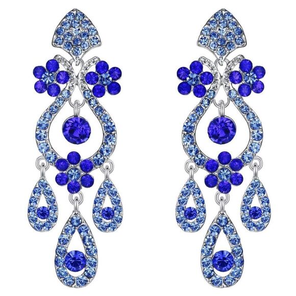 Silver with Royal Blue and Sapphire Austrian Crystal Vase Chandelier Earrings